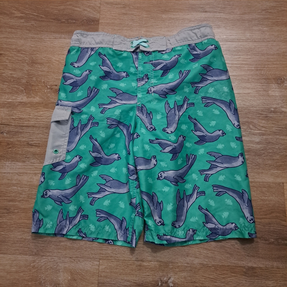 Cat & Jack Kid's Teal Blue Green Sea Lion Print Swim Shorts Drawstring Boy's XL